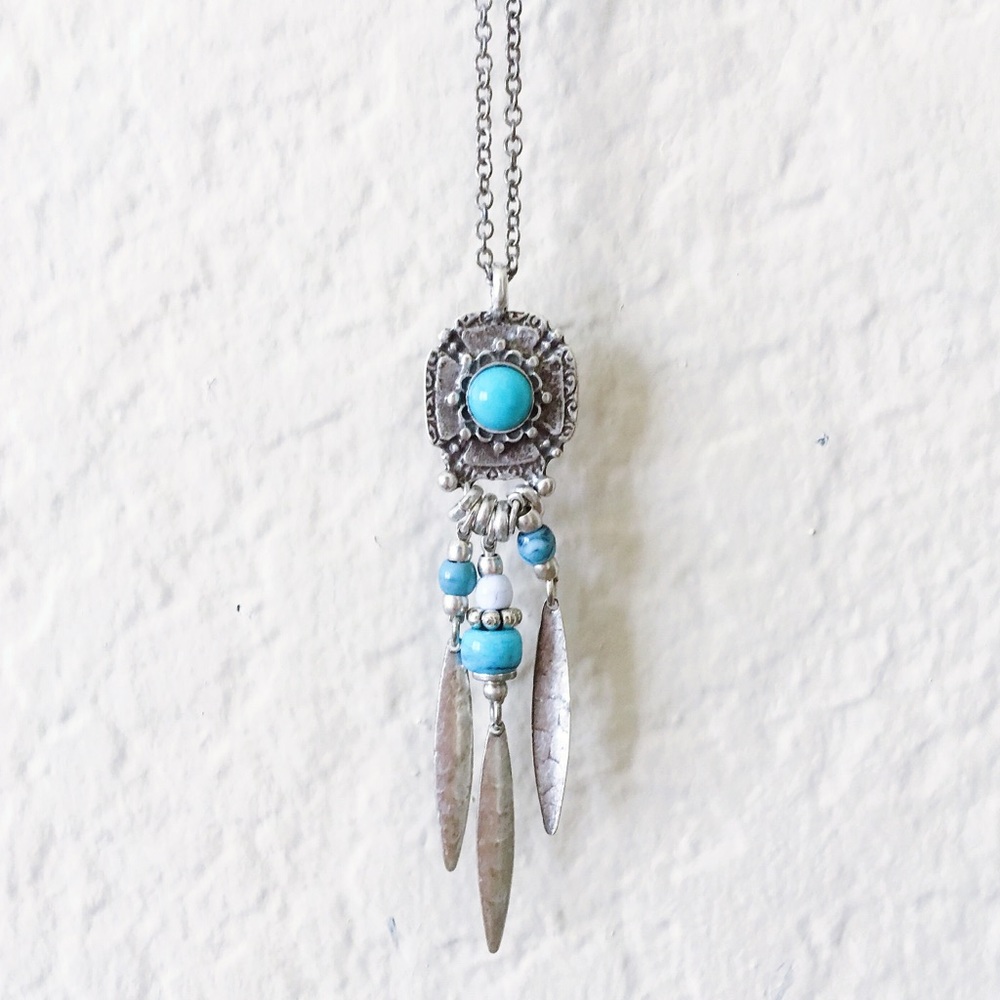 Anthro Sterling Silver Tribal Lake Stone Necklace